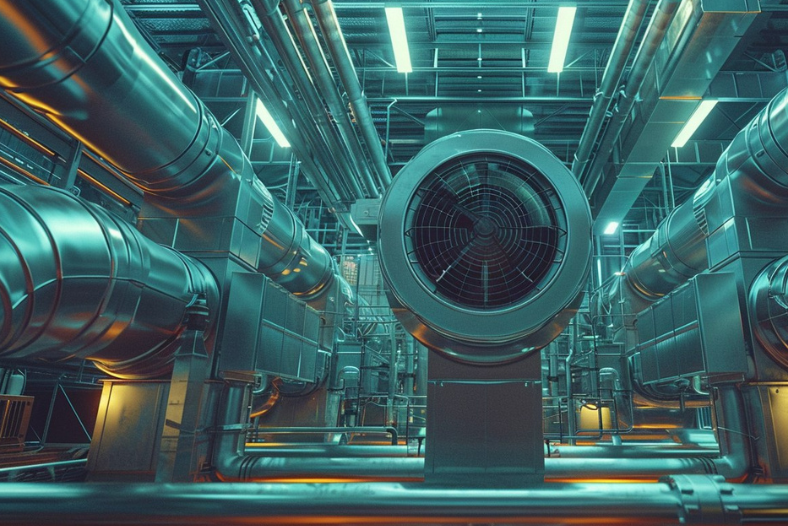 industrial HVAC system with large rooftop cooling fans and shiny ventilation ducts, cinematic composition, metallic pipes and mechanical infrastructure